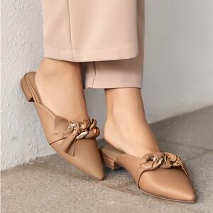 Pointed Toe Gold Chain Slip On Coffee Mules